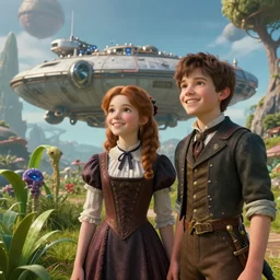 in a steampunk world, a girl and a boy standing next to some alien plants, looking happy, wearing victorian clothes, in front of their space ship, in a park on a alien planet, ultra realistic facial details, enhanced faces, nice clear faces, ultra photorealistic raytracing, 8k