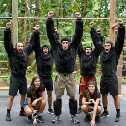 a group of go ape instructors cheering with glee at a y - swapper being replaced