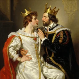 attractive fully clothed king confesses his love for his attractive fully clothed male prince. highly detailed painting by j. c. leyendecker, tom bagshaw,