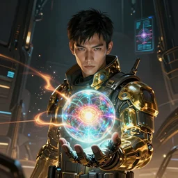 portrait sci-fi art by Ruan Jia and Raymon Swanland, a glowing alien neon glass orb floating above the hand of a soldier, solar flares, magnetic waves, futuristic environment, detailed and intricate environment, holographic light, cyberpunk, neon color bioluminescence, gold and black transparent reflective metal, dramatic lighting, cinematic, high technology, highly detailed portrait, digital painting, artstation, concept art, smooth, sharp focus, illustration, Artstation HQ
