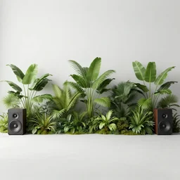 a large room covered with tropical plants and speakers, minimal style