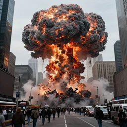 giant mushroom cloud as nuclear war devastates Times Square NYC with crowds of people melting on the street 8k hyperdetailed photorealism