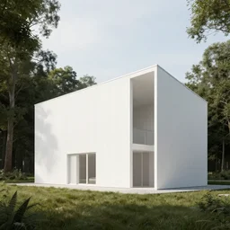 minimalist wood architecture white with nature in back, cinematic lighting, 3 d, unreal engine