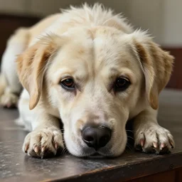 a castrated, dreaded close up of a dog on a table, tumblr, messy, beautiful, high resolution