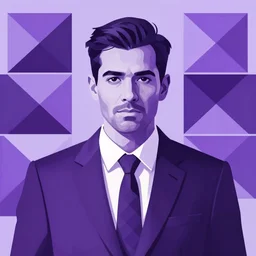 mobster in a suit and tie. portrait. digital art, bauhaus, angular, geometric, regular, symmetrical. purple color theme. simple, flat, solid background.
