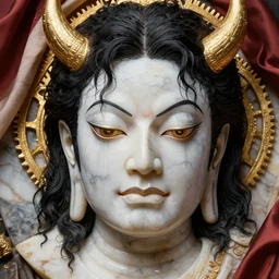 naraka buddhist demon michael jackson face, highly detailed, symmetrical long head, smooth marble surfaces, detailed ink illustration, gold gear, cinematic smooth stone, deep aesthetic, concept art, post process, 4 k, carved marble texture and silk cloth, latex skin, highly ornate intricate details, in the style of 8 8 grzes
