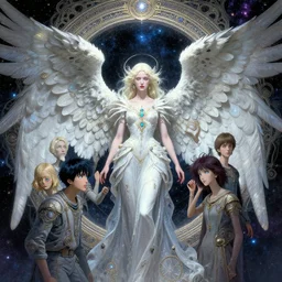 heartbreaking portrait of cosmic angel queen at the entrance of a stunning stargate - portal to the unknown universe by tim hildebrandt, yoshitaka amano, bill henson, yoji shinkawa, craig mullins, sense of wonder, intricate beautiful cosmic opal filigree details, 8 k octane render, cinematic lighting,