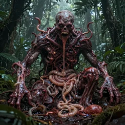 an ultra-detailed high-quality hyper-realistic photo of twisted humans melting together, forming a massive livid amorphous mass of blood-oozing body horror composed of random limbs, translucent and slimy flesh, patches of fur, eyes, teeth, and intestines falling out and slithering, in a deep lush jungle at night, hazy atmosphere