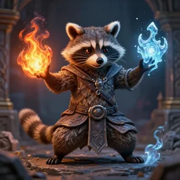 closeup 3 5 mm anthropomorphic sorcerer raccoon casting a fire and ice spell in a dungeon, d & d, fantasy, intricate, action pose, elegant, particle effects, highly detailed, digital painting, artstation, concept art, matte, sharp focus, volumetric lighting, illustration, hearthstone, art by artgerm, wlop, greg rutkowski and alphonse mucha