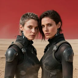 cinestill 5 0 d photographic portrait by steve mccurry of two loving female androids wearing rugged black mesh techwear on a desolate plain with a red sky, extreme closeup, dust storm, 8 k, hd, high resolution, 3 5 mm, f / 3 2, ultra realistic faces, cyberpunk 2 0 7 7, ex machina