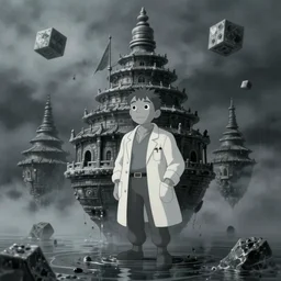 hyperrealist cell - shaded studio ghibli cartoon of a grey scientist in a flooded, moody, misty, floating stupa from howl's moving castle ( 2 0 0 4 ). a cube is in the sky. depth perception.