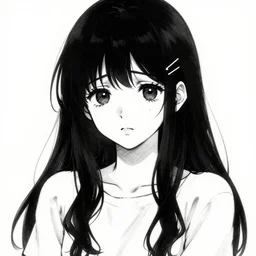 portrait of manga cute young girl with worried expression, sorrow, front shot, in sumi e by yoji shinkawa, shikinami asuka langley, johfra bosschart, black and white, hyper detailed, long black hair, young adult
