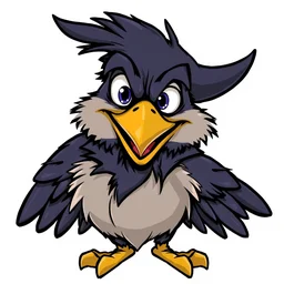 anthropomorphic cartoon raven mascot. hilarious facial expression. character study. timeless