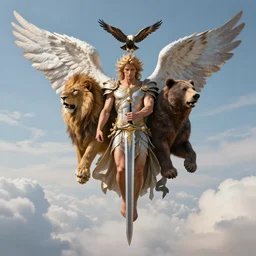 full body render of a multi headed angelic warrior holding a sword. he is hovering above the clouds in the sky. he has 4 heads, head of a lion, head of a bear, head of an eagle, head of a human male and 6 angelic wings