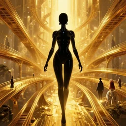 the intrincate golden way of the ai god, movie poster, solarpunk wizard, golden bridges by haza hadid, female cyborg black silhouette, artstation, designed by richard amsel and john alvin and bill gold, composition by saul bass