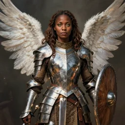 arabella mistsplitter, solo female darkskinned angelic soldier, midfifties, long brown hair, clear green eyes, african, ethiopian, short height, regular build, magnificent oval face, polished steel armor, shortsword, wooden shield a female dnd portrait, clear eyed, magical realism, realistic, by brian patterson and rhads!!!