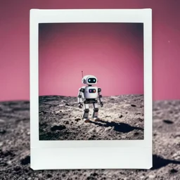 analog polaroid of a lone robot on the moon, deep pink sky with stars, slight color blood