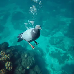 pigeon diving in underwater tropical reef
