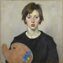 expressive medium shot portrait of a pale young woman with tomboy short brown hair, big lips, wearing a black shirt brown and blue palette, oil painting, muted colors, artwork by lucian freud, arnold bocklin