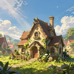 an illustration of the small medieval fantasy garden house in a town and beautiful blue sky scenery, cinematic view, epic sky, detailed, concept art, low angle, high detail, warm lighting, volumetric, godrays, vivid, beautiful, trending on artstation, by jordan grimmer, huge scene, grass, art greg rutkowski