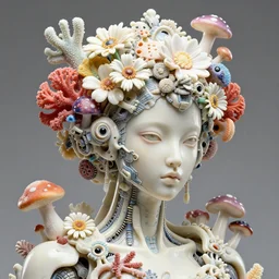 hyper detailed ultra sharp portrait of a beautiful porcelain ivory woman, up close shot, sharp focus, global illumination, biomechanical headdress made of flowers, cyberpunk ceramic brackets, sponge corals, daisies, colorful mushrooms, black eyes, puffballs, white red rhizomorphs, alexandre ferra white mecha, irakli nadar, octane highly render, 4 k, ultra hd,