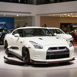 105mm photograph f1.8 full view white Nissan GT-R showroom beautiful lighting from 2022