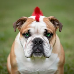 a bulldog terrier puppy with a red mohawk and green eyes, realistic, canon eos r 3, f / 1. 4, iso 2 0 0, 1 / 1 6 0 s, 8 k, raw, unedited, symmetrical balance, in - frame
