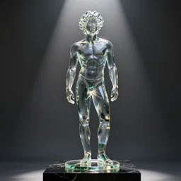 a statue of a beautiful young fit man made of transparent glass, on a black marble pedestal, front view, full figure, smiling face, curly hairs, modern clothes, by philippe starck and victoria hagan, cinematic lighting, sunrays from above, detailed digital photography by rutkovski and beksinski, masterpiece, gorgeous, 4 k