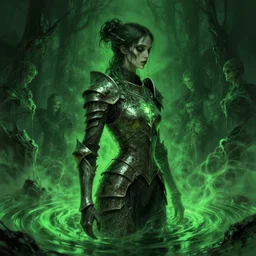 side profile, imogen poots, possessed, corrupted armor, gloomhaven, luminescent, haunted, evil rotten inky swirly ripples, sickly green colors, by greg manchess, huang guangjian, gil elvgren, sachin teng, greg rutkowski, jesper ejsing, ilya kuvshinov