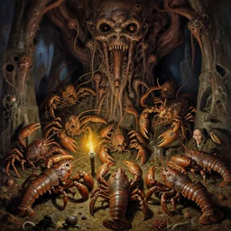 painting varied filthy rugated armored crustaceans clawing & terrified as massive brutalist structure, claustrophobic cilia sporing pox, evil, clustered horror, by virgil finlay, vincente b ballestar, by francesco blanc, geof darrow, bisley, & by jack gaughan high resolution, hyper detailed, cinematic, ornate masterpiece, torch light