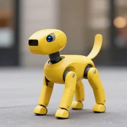 a photo of boston dynamic yellow dog robot, spot, 1 9 8 4, vogue, bokeh