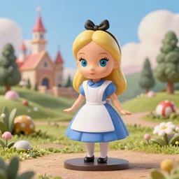 alice, doll figurine, alice in wonderland theme, octane render 8 k, disney inspired landscape, artstation, cinematic lighting, hd, ultra realistic