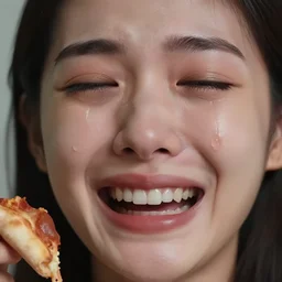 a person crying tears of joy but the tears are made out of pizza, realistic face