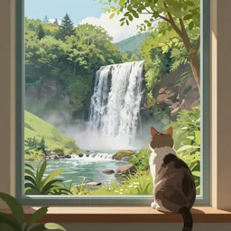 a beautiful landscape including a waterfall and a forest through a window, cat sitting on the edge of the window, illustration, digital art, trending on artstation