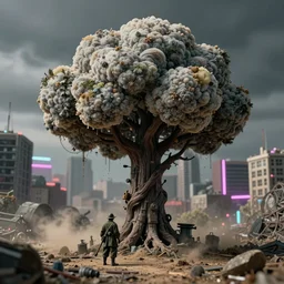 tilt shift, 1 9 1 2 wwi,!!! cumulonimbus tree in a city, beack plague doctor, dirt and dust,! mold, neon smoke, film still 3 5 mm, 3 2 k,! colorized photo, dystopian environment, intricate, highly detailed movie, concept, smooth, sharp focus, artgerm