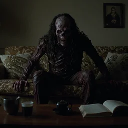 monster in the living room, dramatic lighting, critically acclaimed, horror movie, brooding, dark, film grain, movie still from junji ito live action movie, directed by guillermo del toro