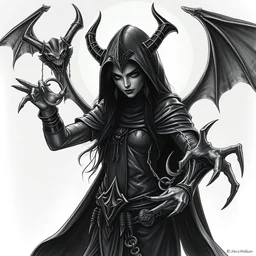 dark elf sorceress who is summoning a demon in the style of warhammer fantasy : : head and shoulders drawing