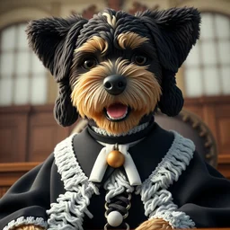 a closeup photorealistic illustration of a smiling knitted bernedoodle judge dog dressed in a black gown, presiding over the courthouse. this 4 k hd image is trending on artstation, featured on behance, well - rendered, extra crisp, features intricate detail, epic composition and the style of unreal engine.