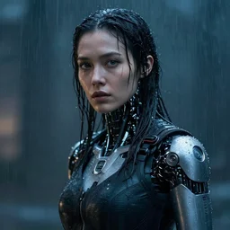 a cyborg woman, movie effect, high detail, rain in the background