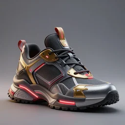 realistic 3 d render of a cyberpunk android sneaker, beautiful studio lighting, soft, sharp focus, neon cyberpunk highlights, intricate detail, gold and red accents, soft rubber, octane render, side view, close up, trending on artstation, deviantart, moebius, artgerm, feng zhu