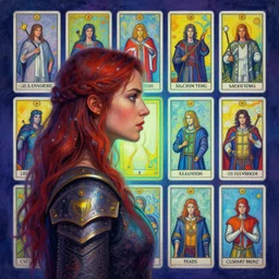 side portrait, imogen poots, paladin, gloomhaven, organic painting, hard edges, psychedelic, tarot card layout, luminescent, octane render, by greg manchess, huang guangjian, gil elvgren, sachin teng, greg rutkowski, jesper ejsing, rhads, ilya kuvshinov, cushart krenz