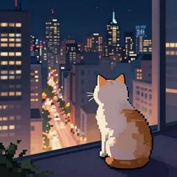 cat overlooking bustling downtown city at night, pixel digital artstyle HD