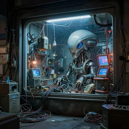 car shop, retrofuturism, cluttered, wires everywhere, window, at night, dramatic lighting, alien technology, detailed by simon stalenhag