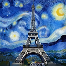 the eiffel tower drawn like starry night