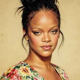 “ rihanna portrait by ikenaga yasunari and ayana otake and ko rakusui, 6 0 s poster, drawing, realistic, sharp focus, japanese, dreamy, nostalgia, faded, golden hues, floral clothes, porcelain skin ”