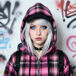 highly detailed portrait of a swedish sewer punk lady student, blue eyes, tartan hoody, hat, white hair by atey ghailan, by greg tocchini, by kaethe butcher, by james gilleard, gradient pink, black, brown, cream and light blue color scheme, grunge aesthetic!!! ( ( graffiti tag wall white background ) )