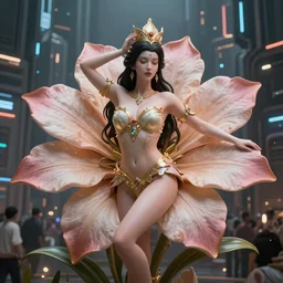 Beautiful 3d render of the flower queen goddess in a sensual pose, in the style of Johfra Bosschart, with a crowded futuristic cyberpunk city in the background, astrophotgraphy
