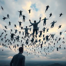 thousand men floating in the sky, thousand men flying in the sky, thousand men floating in the sky, camera from behind, trending in artsation, stefan koidl