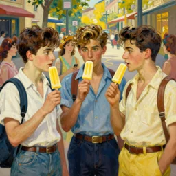a painting of three male teenagers with rockabilly attire holding yellow popsicle and looking at women in the streets by alphonse mucha