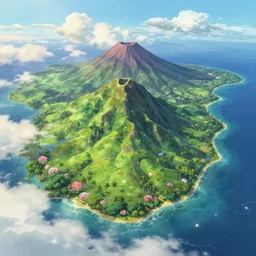 “ a breathtaking aerial view of Hawaiian islands, surrounded by palm trees, clouds, flowers, volcano, azure ocean, sunlight glistening, glow, in the style of makoto shinkai and studio ghibli, vivid colours, hd wallpaper, 8k, trending on artstation”